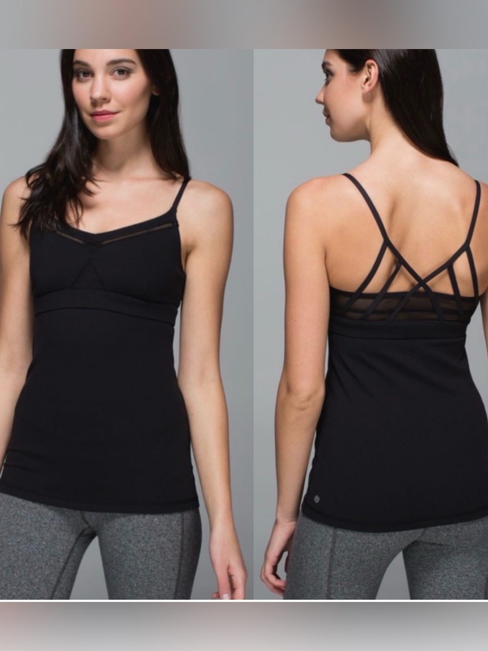 Lululemon Just breathe Tank top SZ 10 Black strappy back mesh padded logo sport